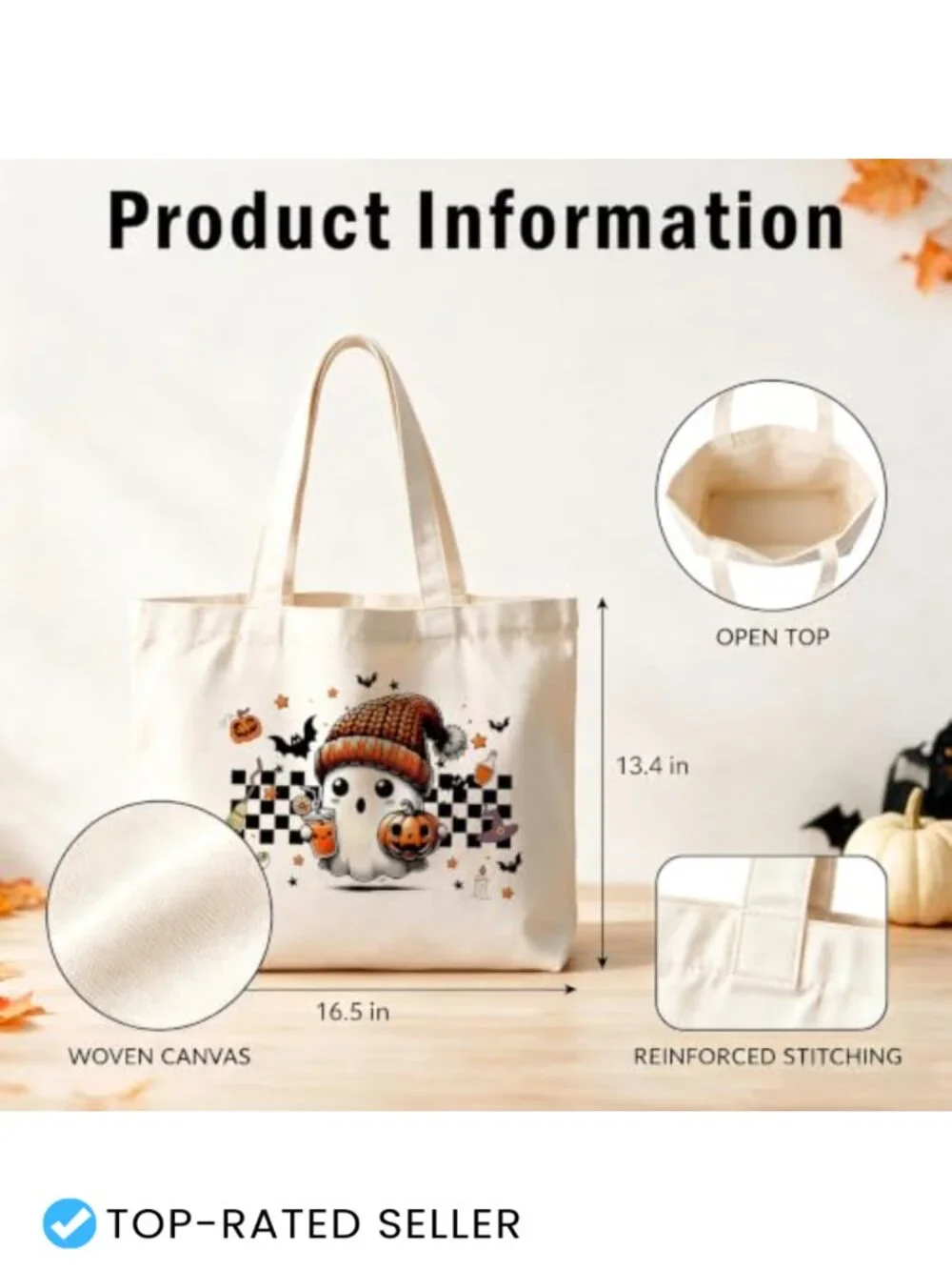 Halloween Ghost Canvas Tote Bag for Trick or Treating, Reusable Fall Gift